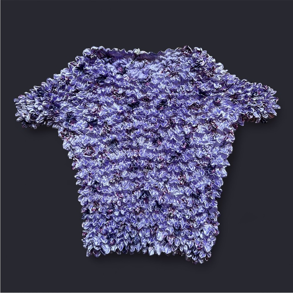 Purple Y2K popcorn shirt. No size but I’d say fits medium to large